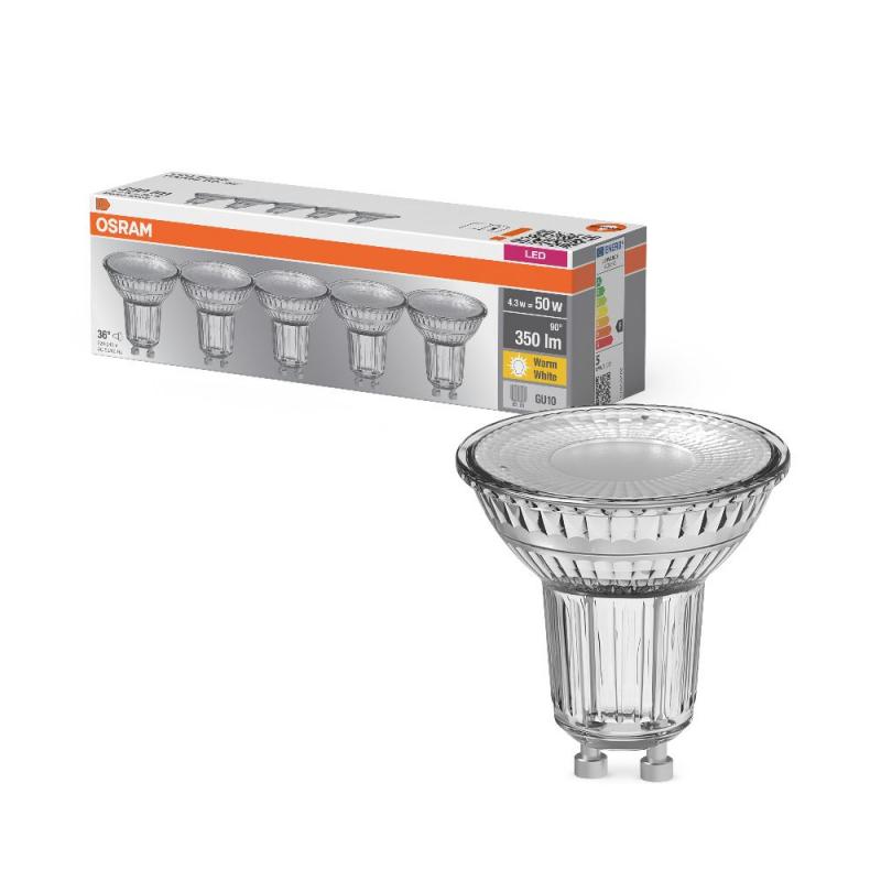 5er-PACK OSRAM LED BASE PAR16 GU10 LED Strahler 4.3W=50W 36° 2700K GLAS
